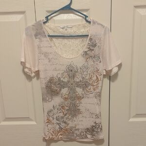 Miss Me Short Sleeve Tee with Lace and Graphic Design